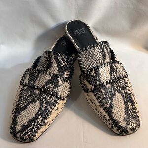 PAIGE Sz 10 Snake Print Mules Slip On Leather Square Toe Contrasting Stitch